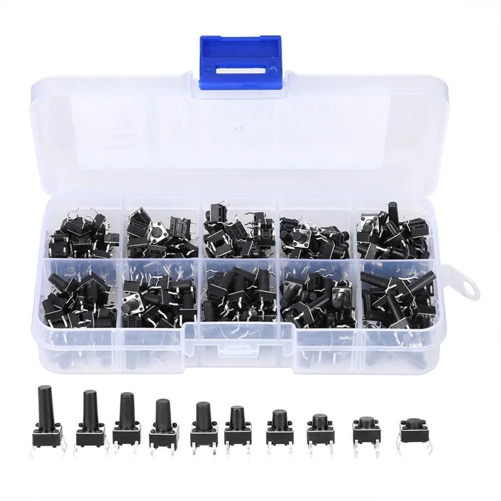 200PCS Tactile Push Button Switch Kit – 10 Values 6x6mm 4-Pin