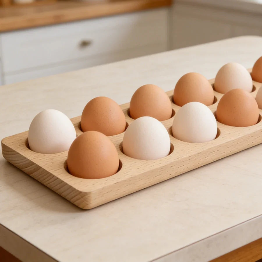 Wooden 12-Hole Egg Holder – Bamboo Kitchen Storage Tray