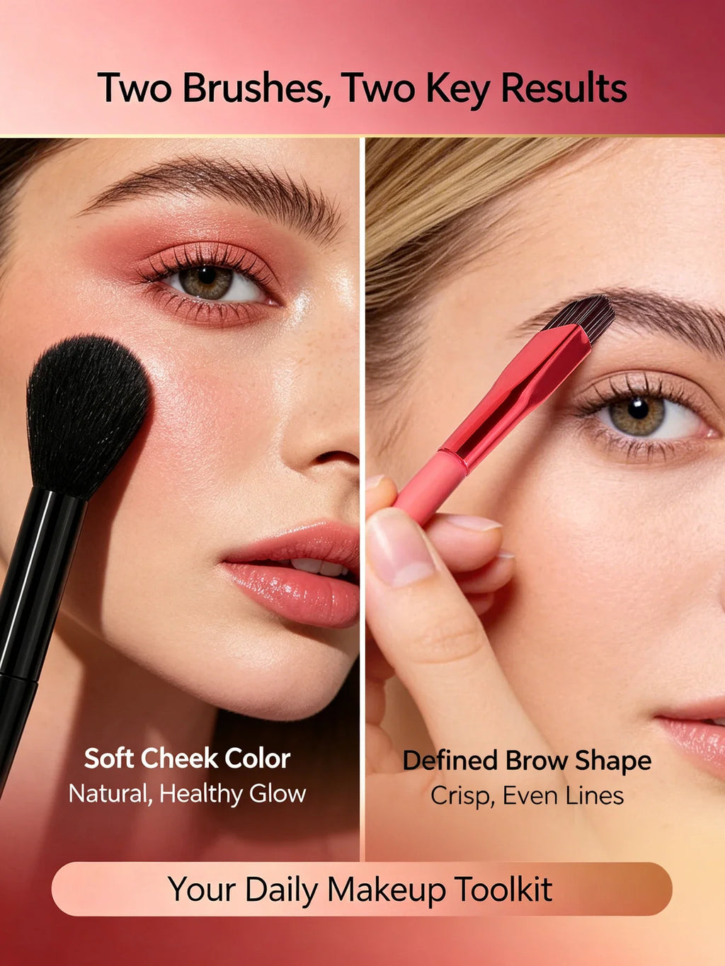 2Pcs Makeup Brush Set – Fluffy Blush & Angled Brow Brush