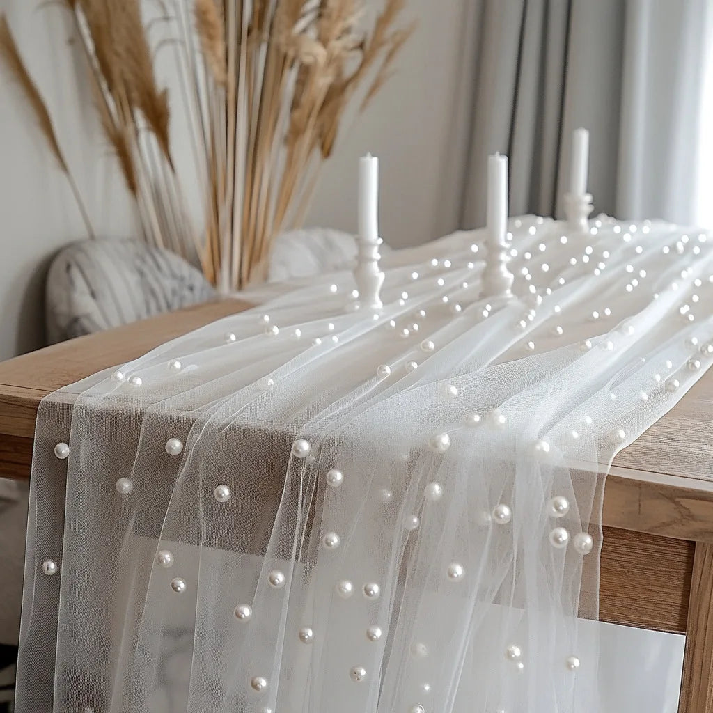 Pink Gauze Table Runner – Pearl Mesh Wedding & Party Decor
