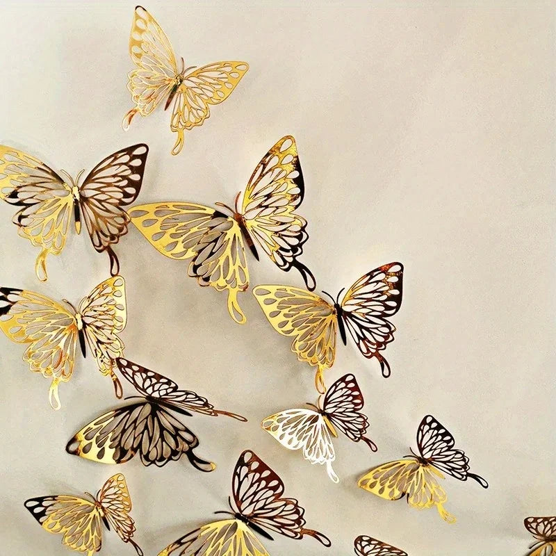 12Pcs 3D Hollow Butterfly Wall Stickers Gold Silver Decals