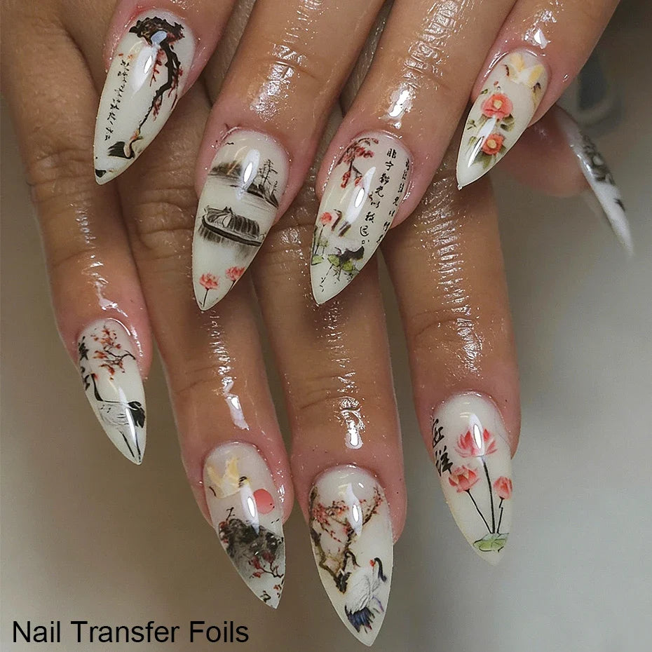 10pcs Asian Ink Art Nail Foil Stickers – Koi, Crane & Bamboo