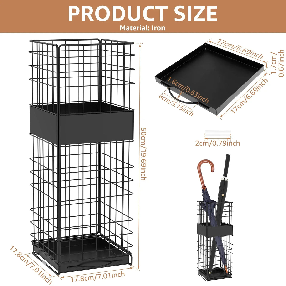 Square Metal Umbrella Stand with Detachable Drain Tray