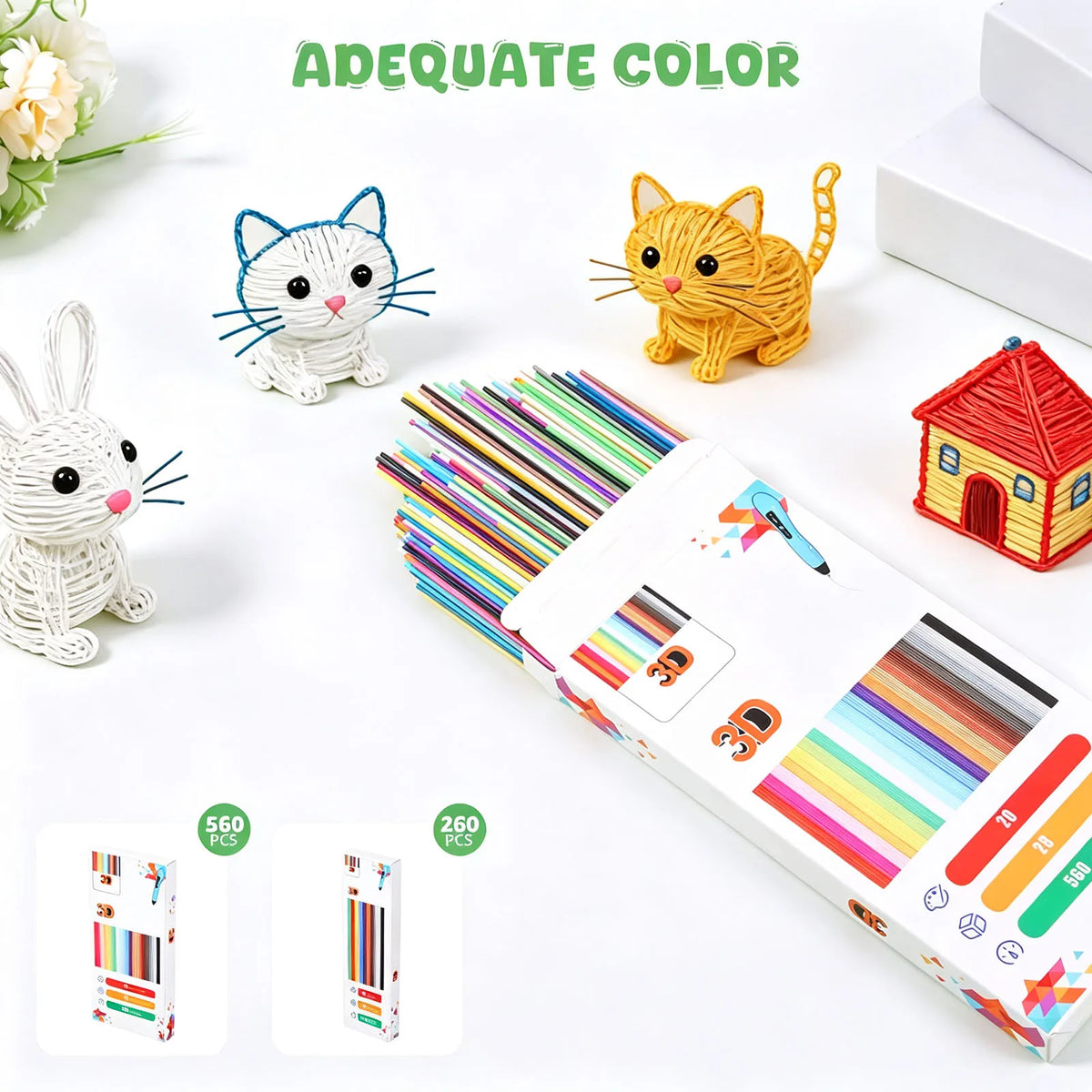 PCL 3D Pen Filament Refills 260/560Pcs – Low Temp, 10/20 Colors