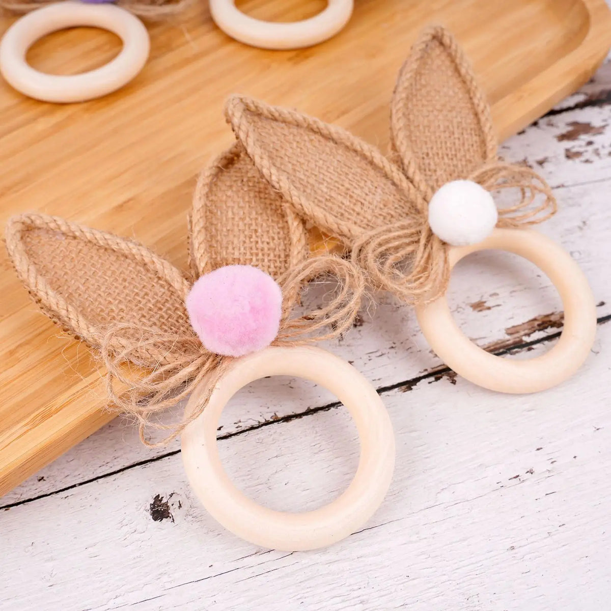 Wooden Easter Napkin Rings Set of 6 | Rabbit Ear Table Decor