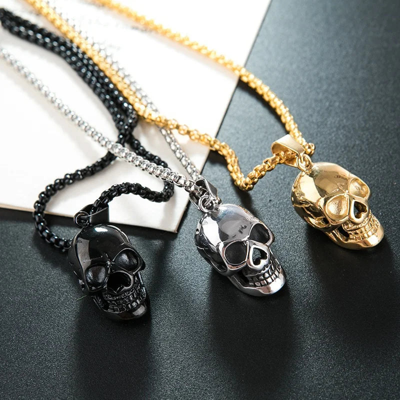 Punk Skull Pendant Necklace | Gold Silver Black Hip-Hop Chain