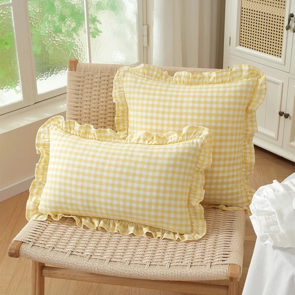 Ruffled Lotus Leaf Throw Pillow Cover | Plaid Soft Polyester