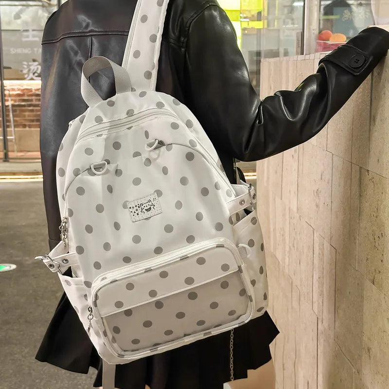 Korean Polka Dot Backpack for Girls | Large Capacity Nylon Bag