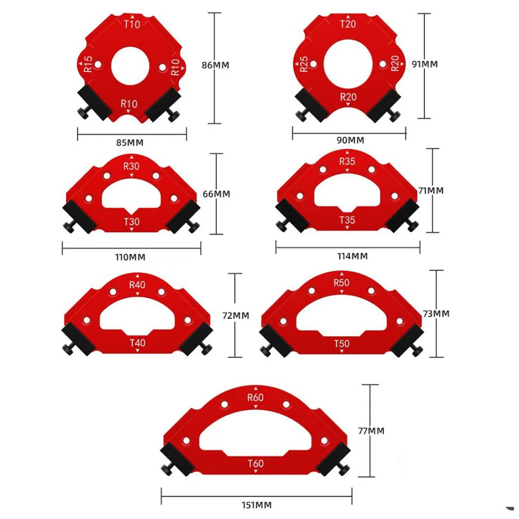 7-Piece Corner Routing Jig Radius Template Set R10–R60
