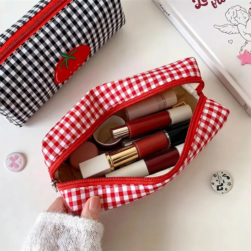 Tomato Embroidery Plaid Makeup Brush Bag & Cosmetic Organizer