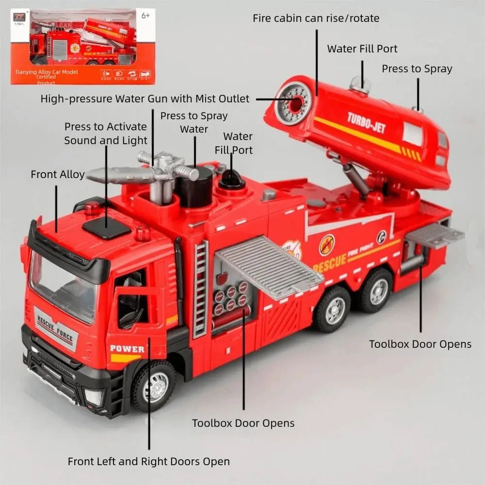 1:32 Fire Truck Toy – Pull-Back, Sound, Light & Water Spray