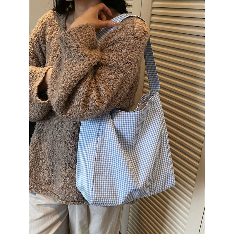 Women's Plaid Canvas Tote Bag – Large Capacity Shopping Bag