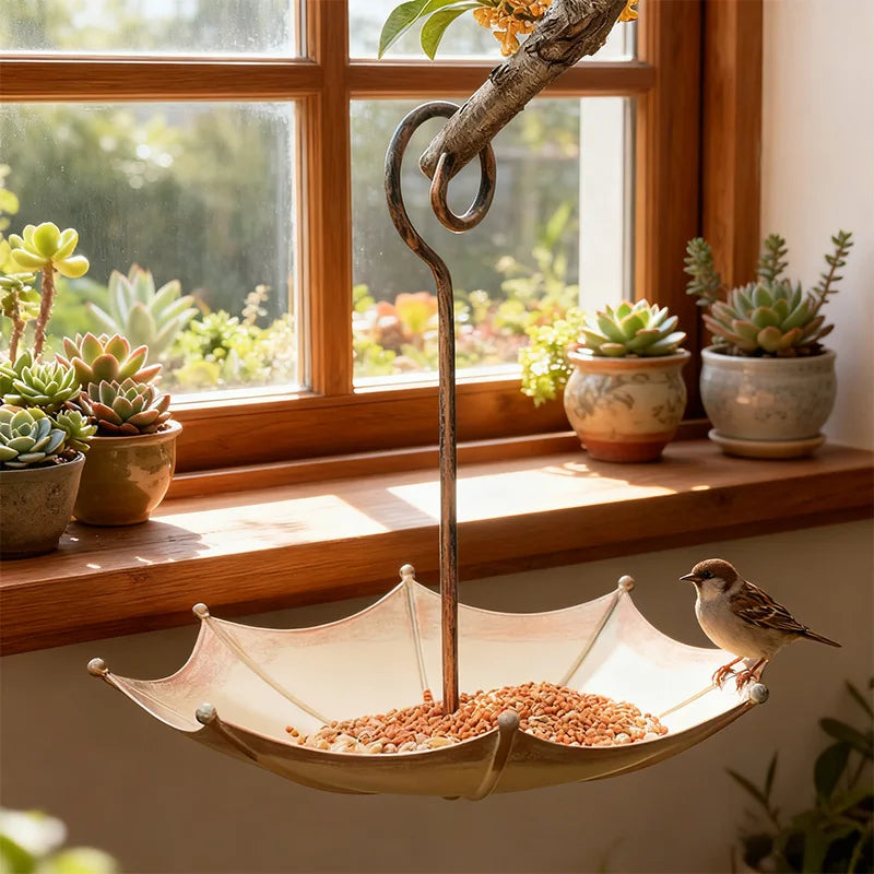Retro Copper Umbrella Bird Feeder Outdoor Garden Pendant Décor