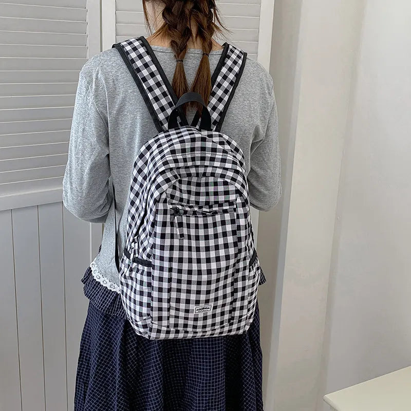Korean Plaid Canvas Backpack – Large Capacity College Bag