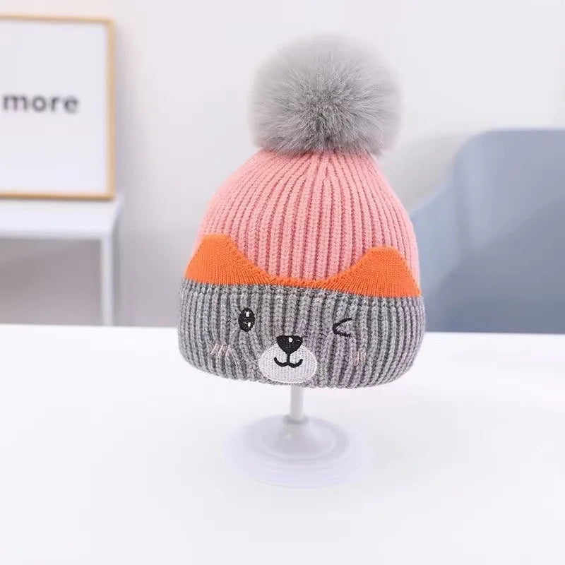Soft Fluffy Baby Pompom Knit Hat – Cartoon Ear Protection Cap