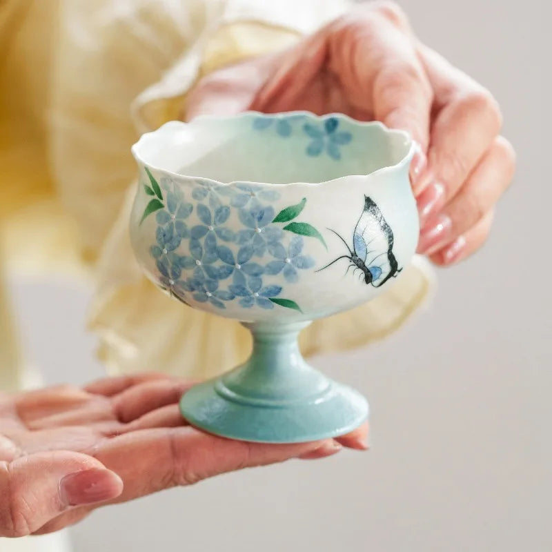 Hand-Drawn Blue Embroidered Butterfly Ceramic Teacup 80ml