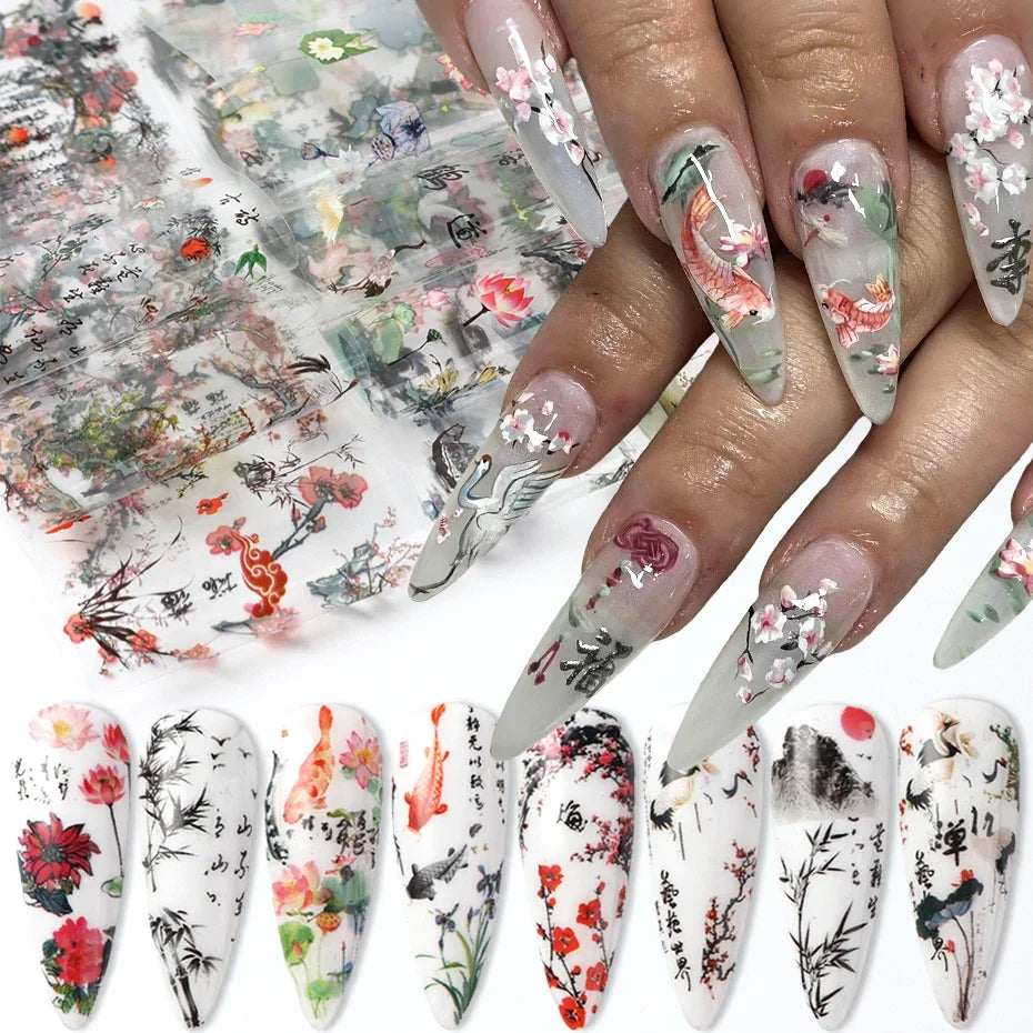 10pcs Asian Ink Art Nail Foil Stickers – Koi, Crane & Bamboo