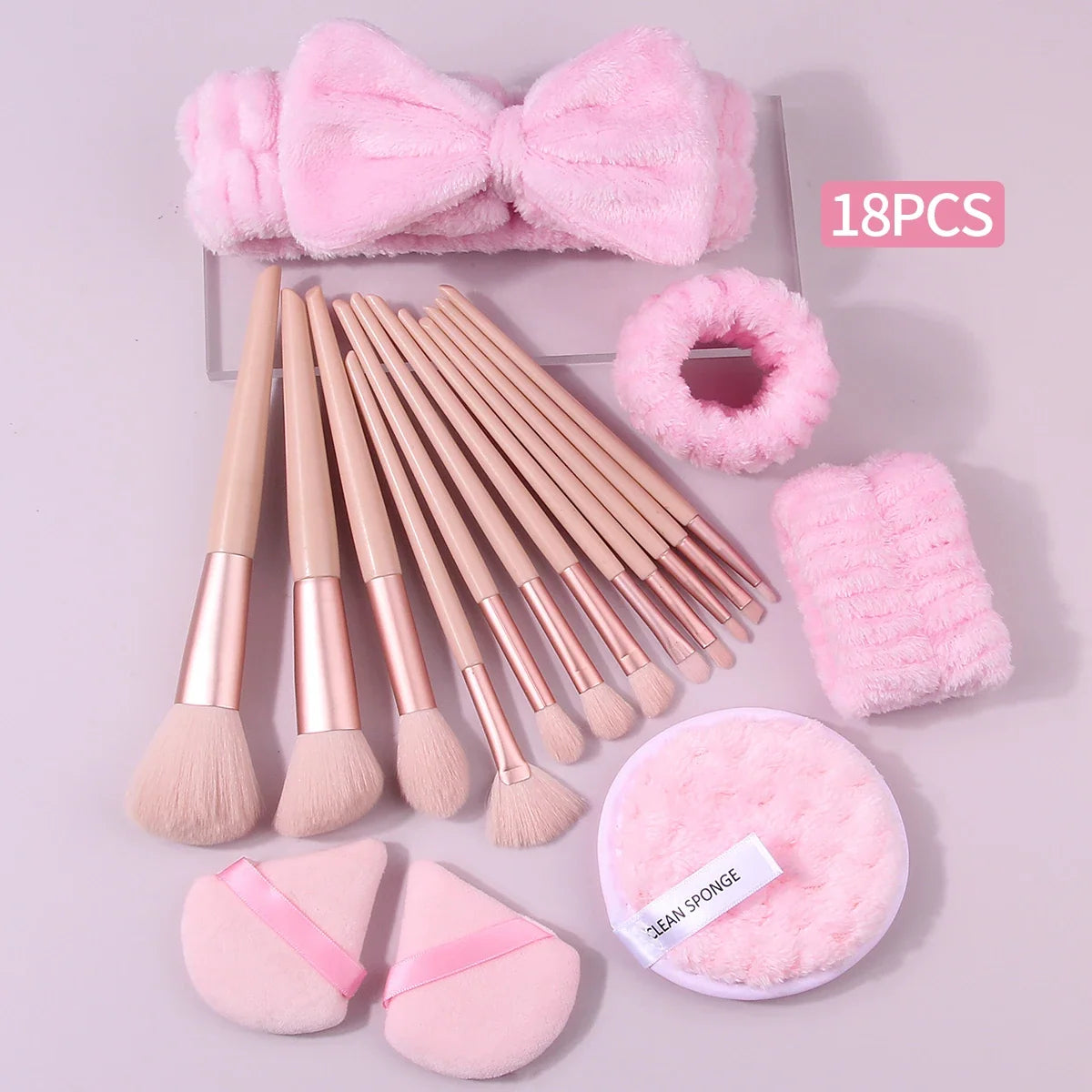 18-Piece Pink Makeup Brush & Beauty Tool Set with Puffs