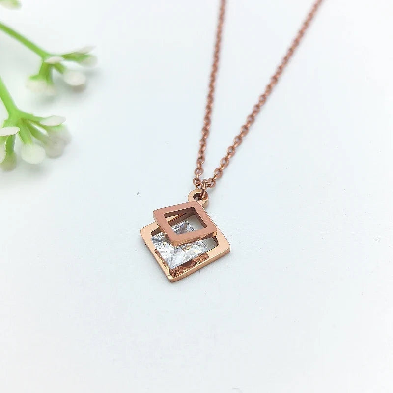Double Layer Zircon Square Pendant Necklace | Stainless Steel