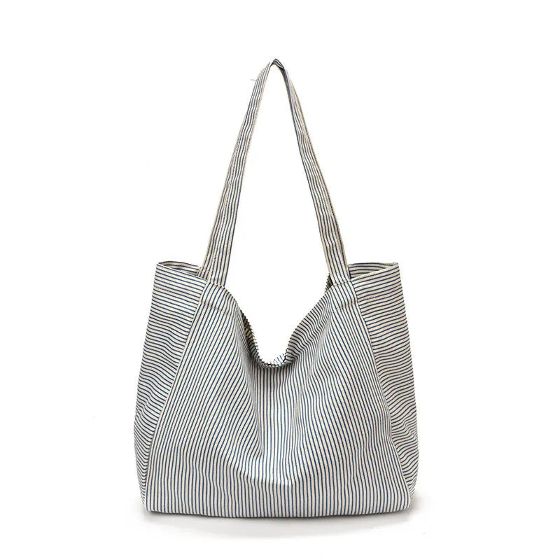 Women's Striped Canvas Tote Bag – Large Shoulder Bag
