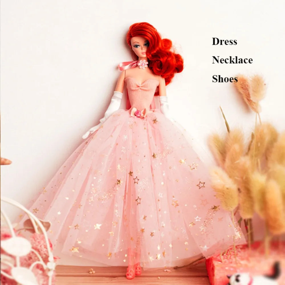 Pink Lace Evening Dress & Shoes for 1/6 BJD 30cm Dolls