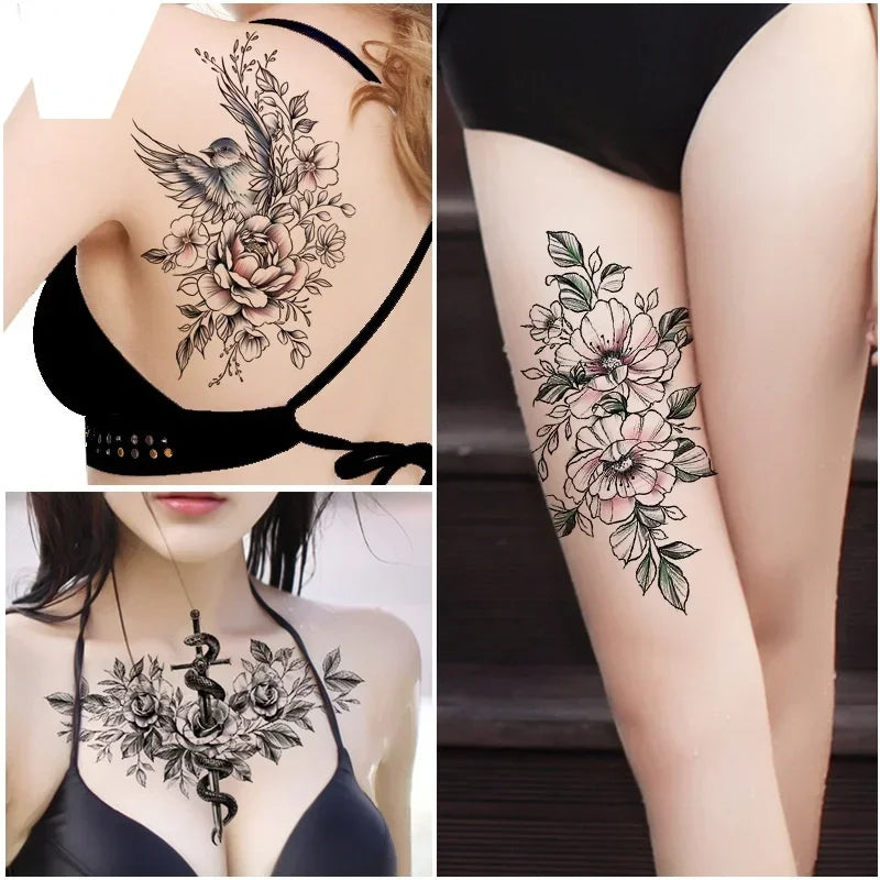 Temporary Tattoo Stickers – Snake, Rose & Peony | 14 Sheets
