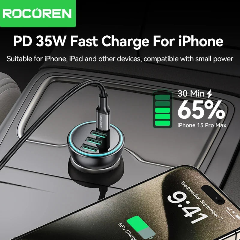 Rocoren 55W 4-Port USB-C Car Charger | QC3.0 Fast Charging