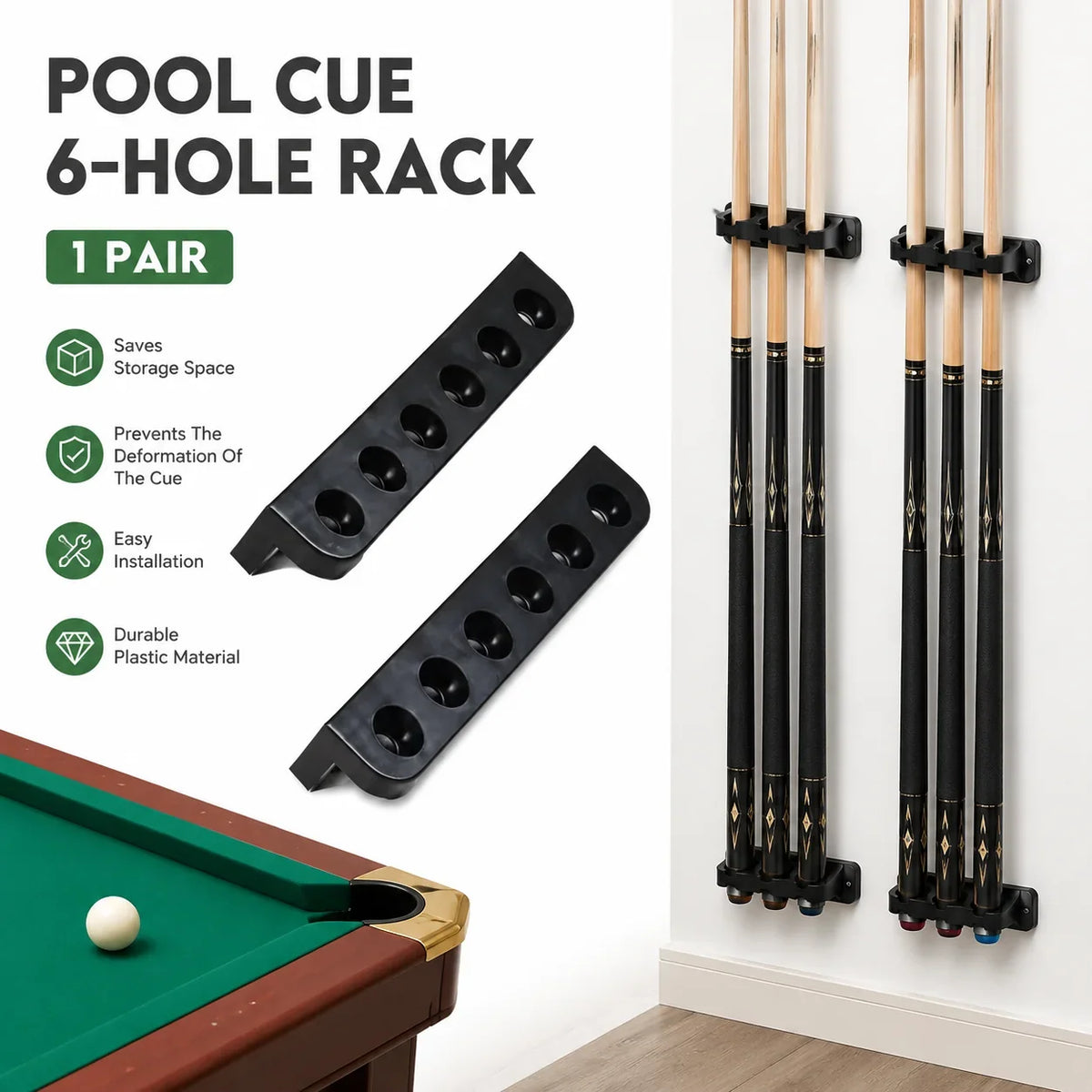 Wall-Mounted Pool Cue Holder – 6-Slot Billiard Cue Rack Pair