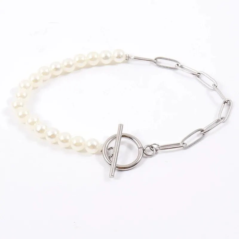 2pcs Vintage Pearl Metal Bead Strand Bracelets – Unisex Set