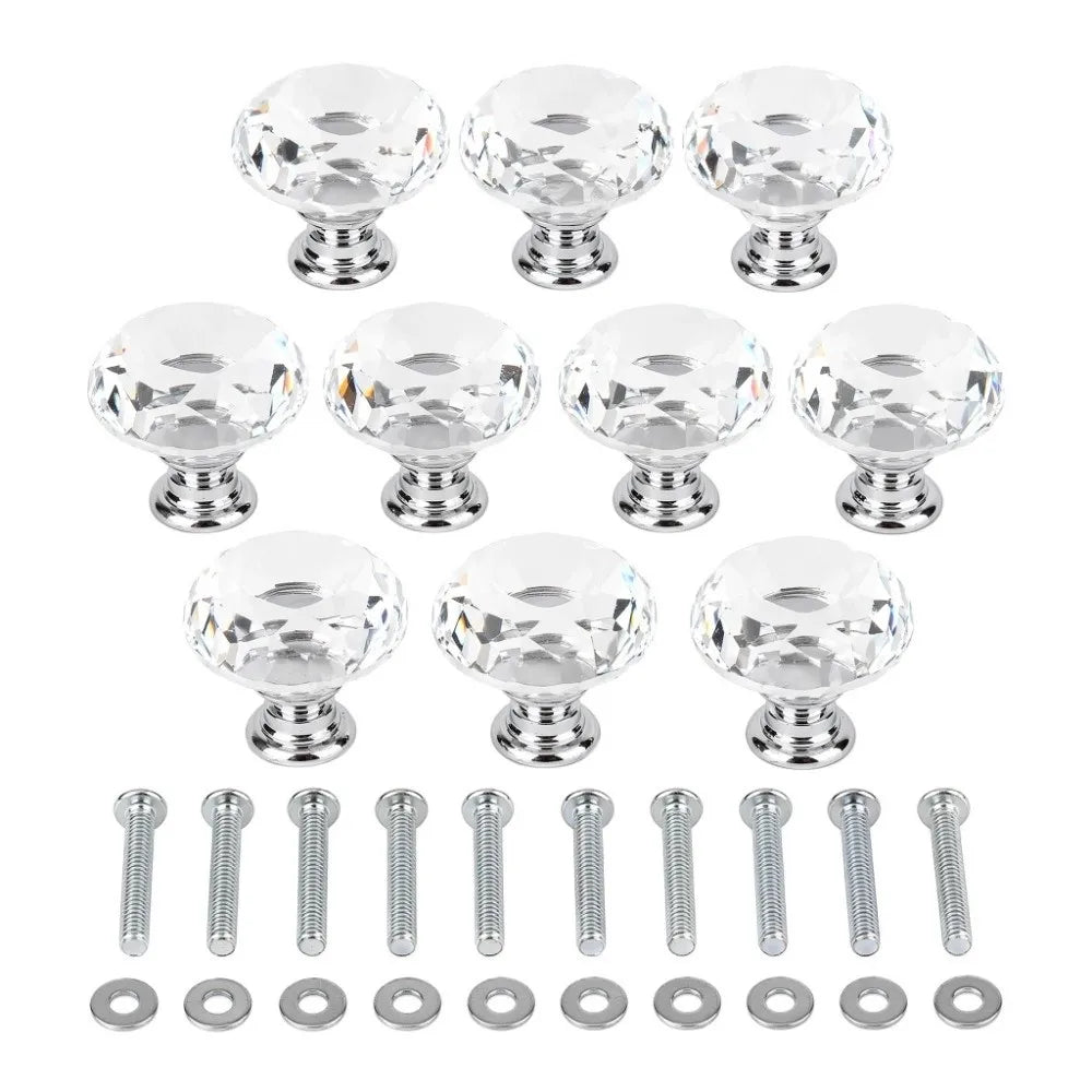 10pcs Crystal Glass Cabinet Knobs 30mm Silver Drawer Pulls