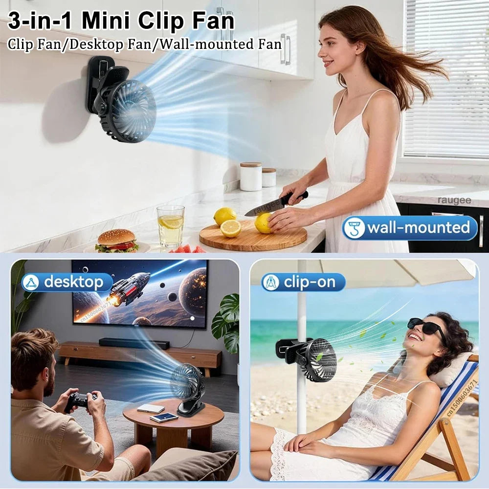 Portable USB Rechargeable Clip Fan – 360° Rotation & LED Light