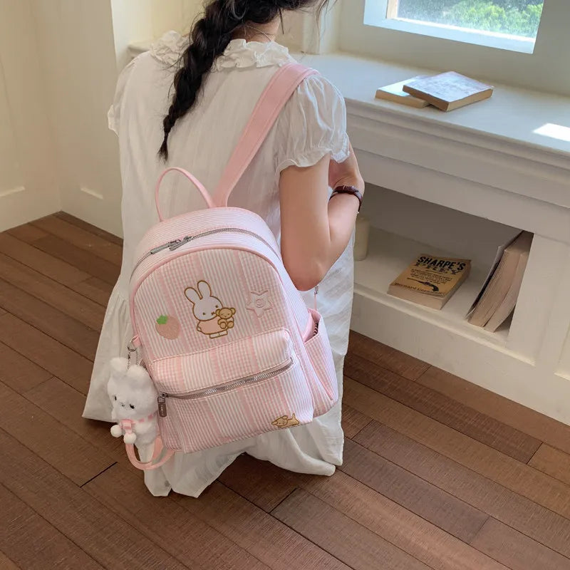 Cartoon Plaid Canvas Backpack for Women – Large Capacity