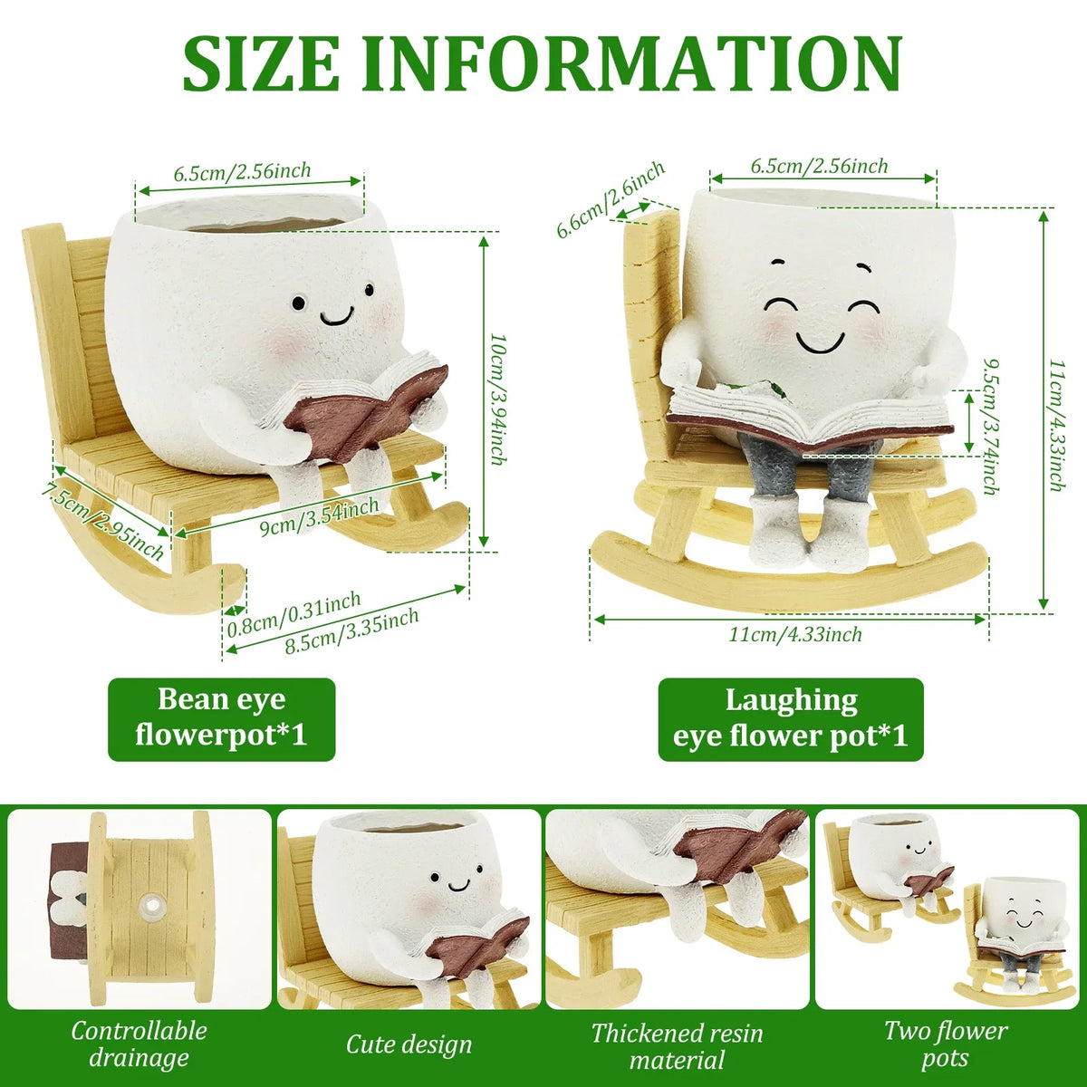 Rocking Chair Smile Face Planters – 2Pcs Resin Succulent Pots