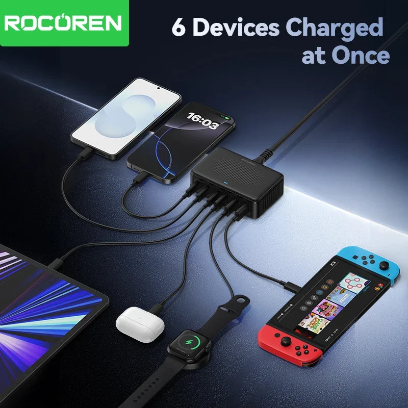 Rocoren 100W GaN 6-Port Charging Station | Fast USB-C Charger