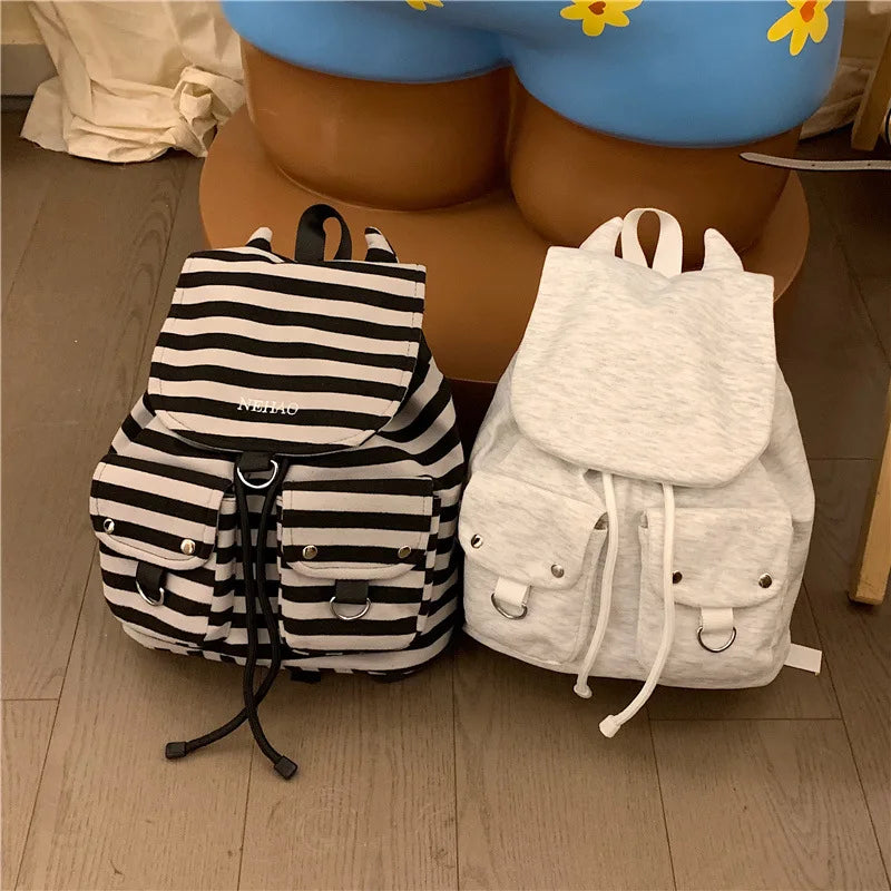 Korean Striped Canvas Drawstring Backpack – Casual School Travel Bag
