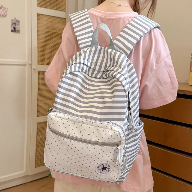 Korean Striped Patchwork Backpack – Large Capacity School Bag