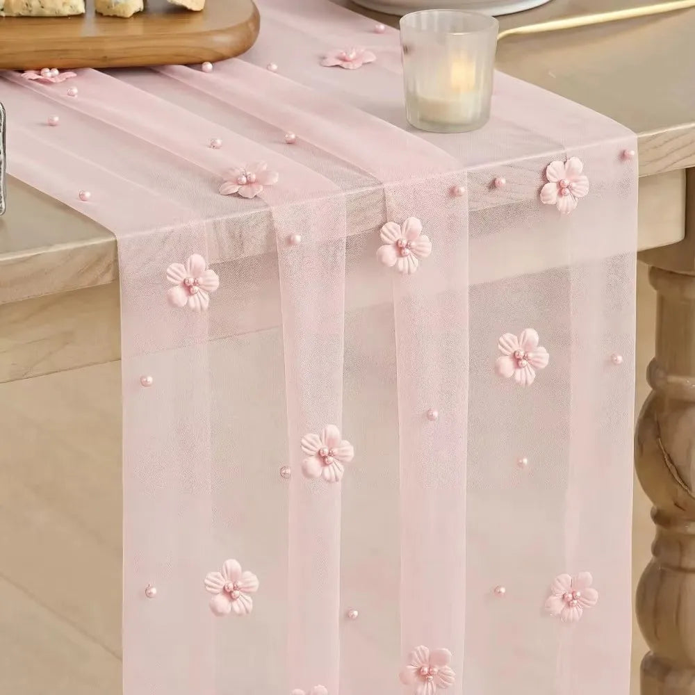 Tulle Table Runner 75x300cm Sheer Floral Embroidered Décor
