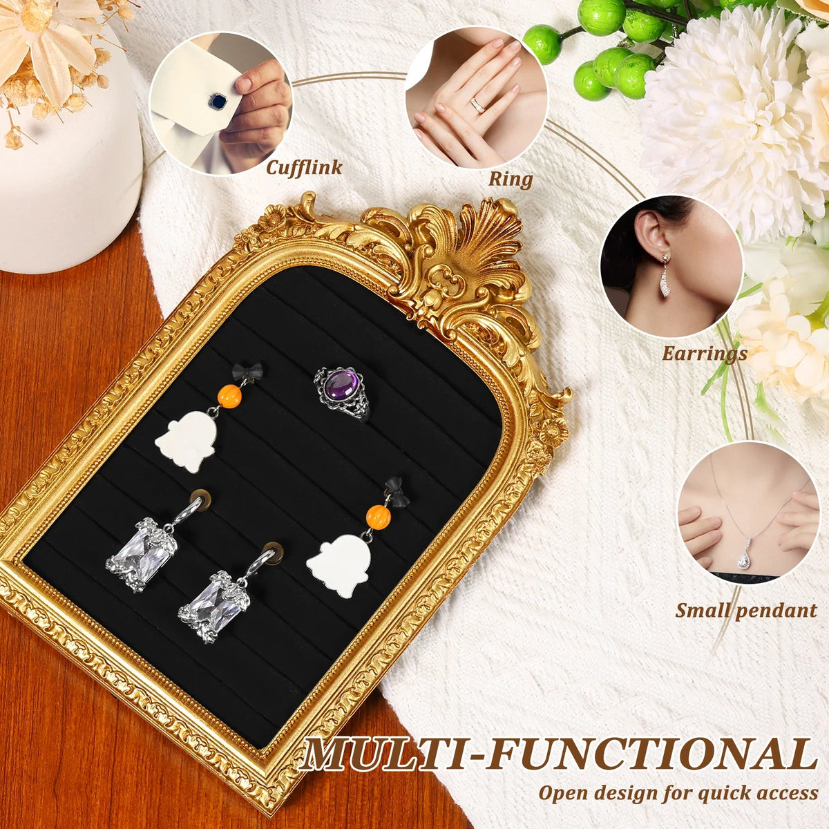 Vintage Gold Ring Display Stand & Velvet Earring Tray | Baroque