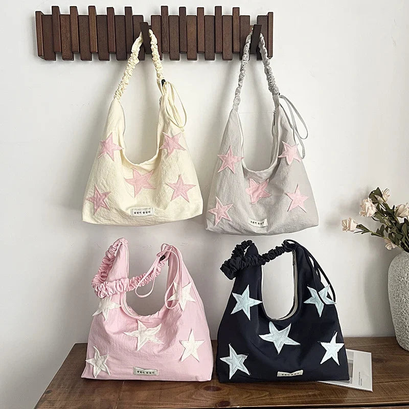 Korean Star Embroidered Canvas Tote Shoulder & Crossbody Bag