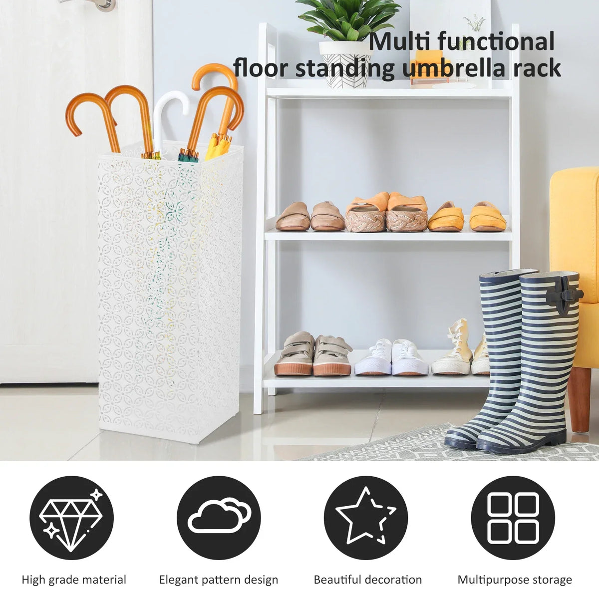 Square Metal Umbrella Stand – Floral Cut-Out Entryway Holder