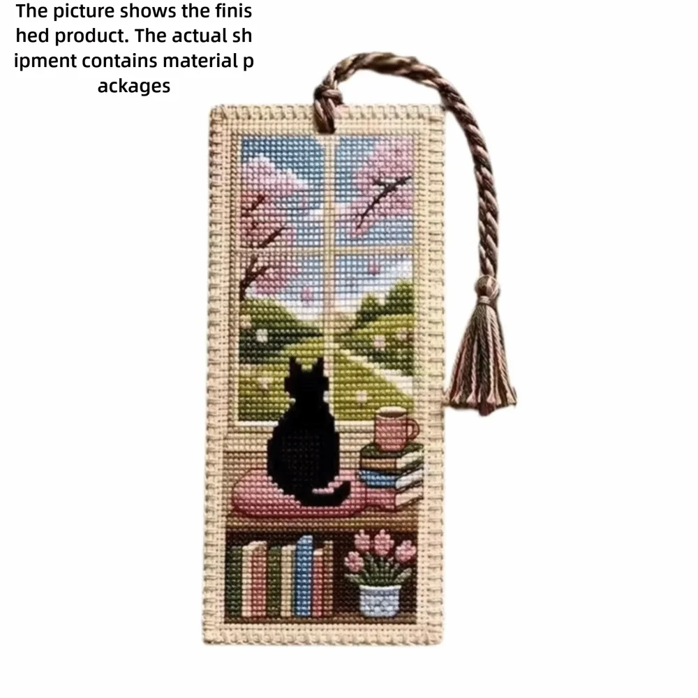 Seasonal Cat Cross Stitch Bookmark DIY Kit with Braided Tassel
