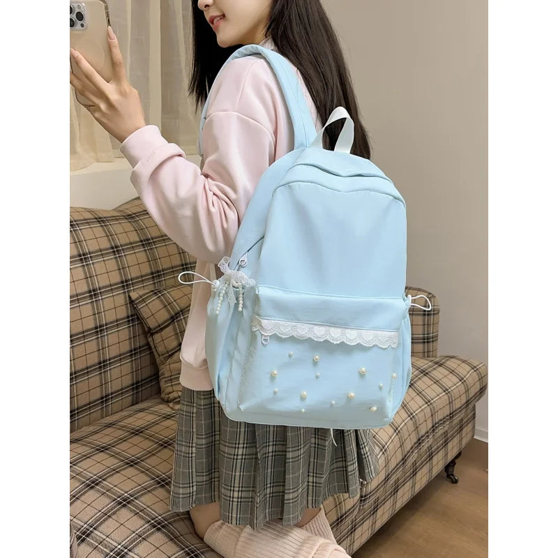 Girly Lace Pearl Backpack – Large Capacity Teen School Bag