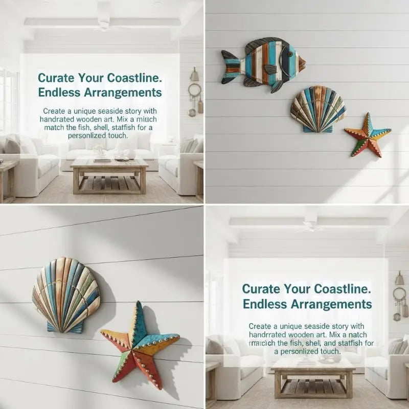 3-Piece Ocean Wooden Wall Art – Fish Shells Starfish Décor Set