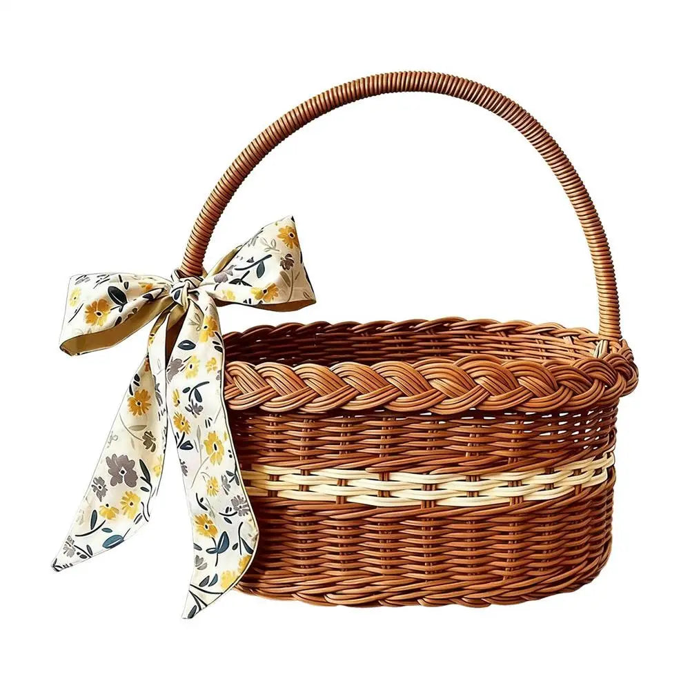 Woven Picnic Basket with Handle & Ribbon | Rattan-Look Hamper