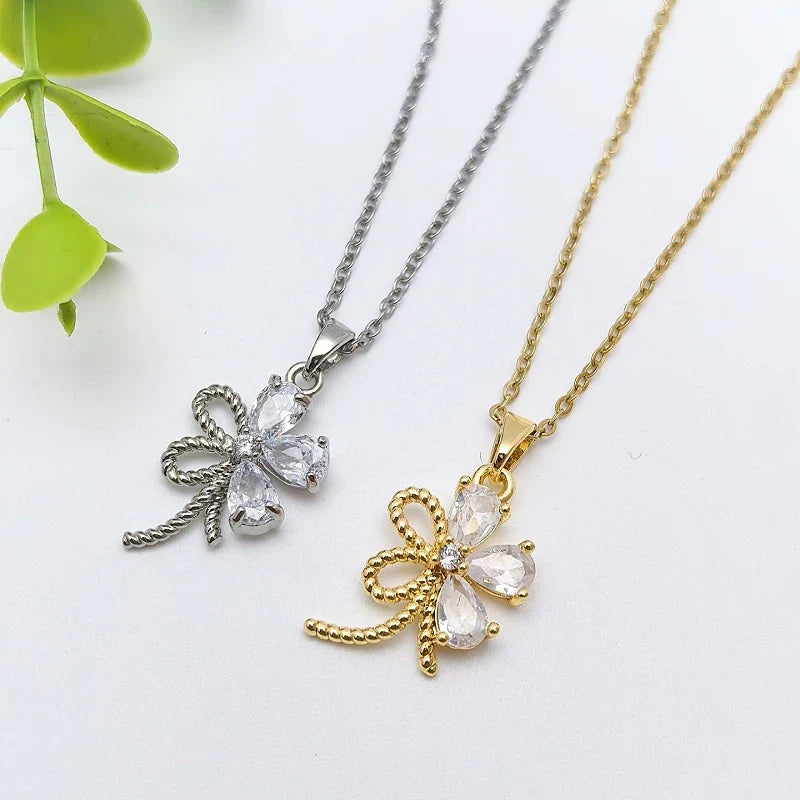 Floral Copper Pendant Necklace | Gold Zircon Collarbone Chain