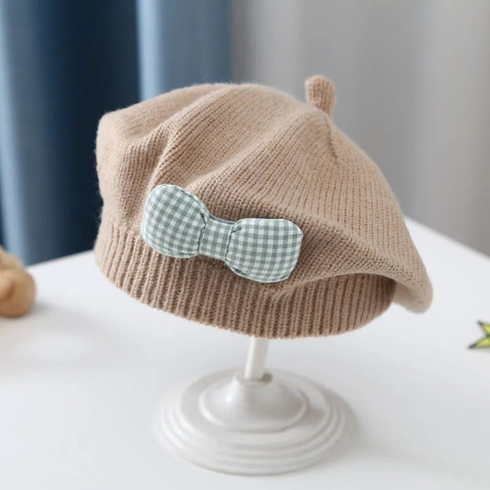 Toddler Bowknot Knit Beret Hat – Warm Windproof Beanie 1–3Y