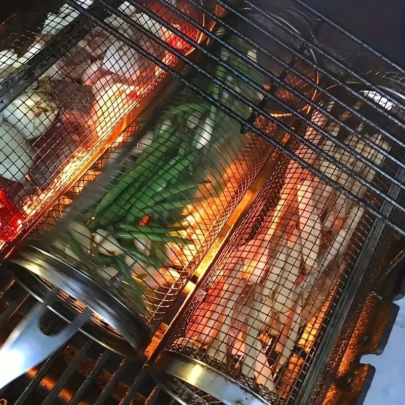 2pc Stainless Steel Rolling Grill Basket Set | BBQ Cylinder Mesh