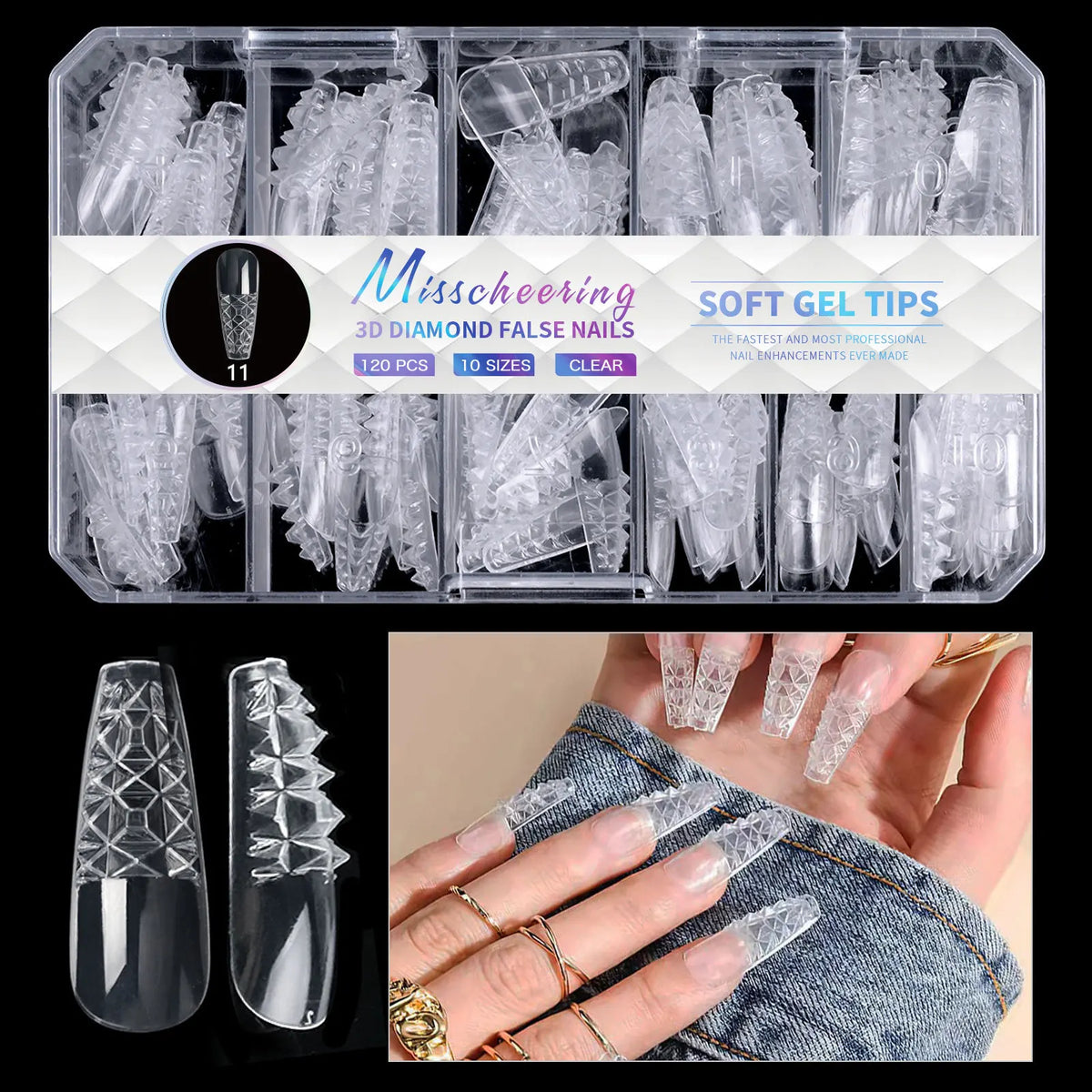 3D Diamond Almond Ballet Press On Nails – Long False Nails Set