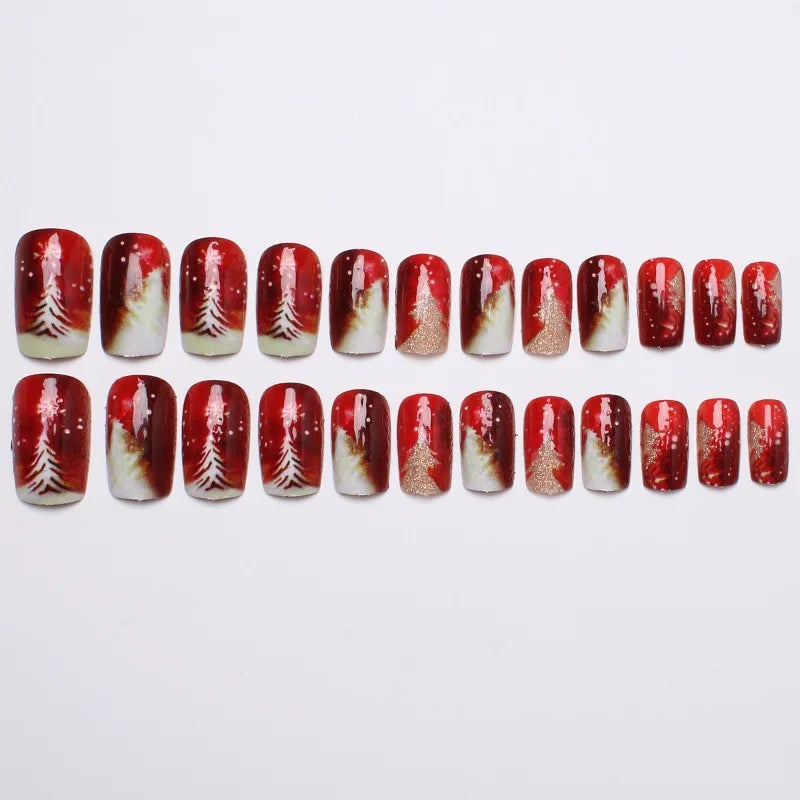 Christmas Snowflake Press On Nails 24pcs Red Gold Festive