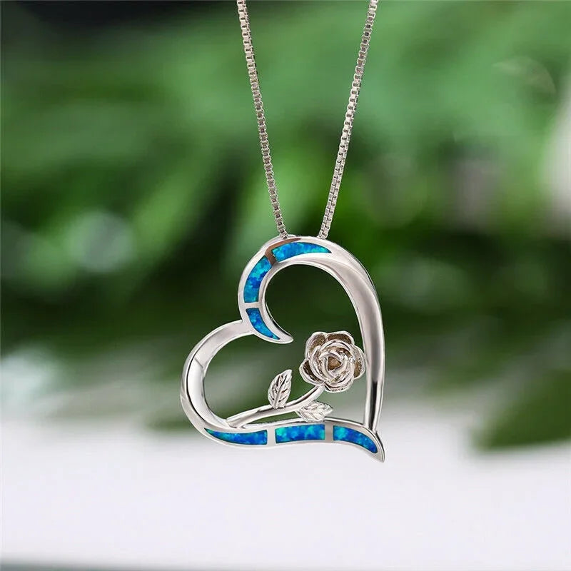 Women's Simulated Opal Rose Flower Heart Pendant Necklace
